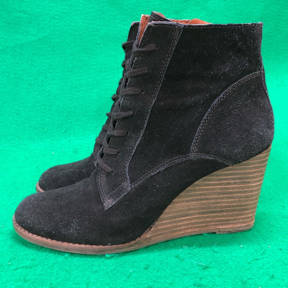 Lucky Brand Shylow Black Suede Lace Up Zip Up Wedge Boots Women’s Size 8.5